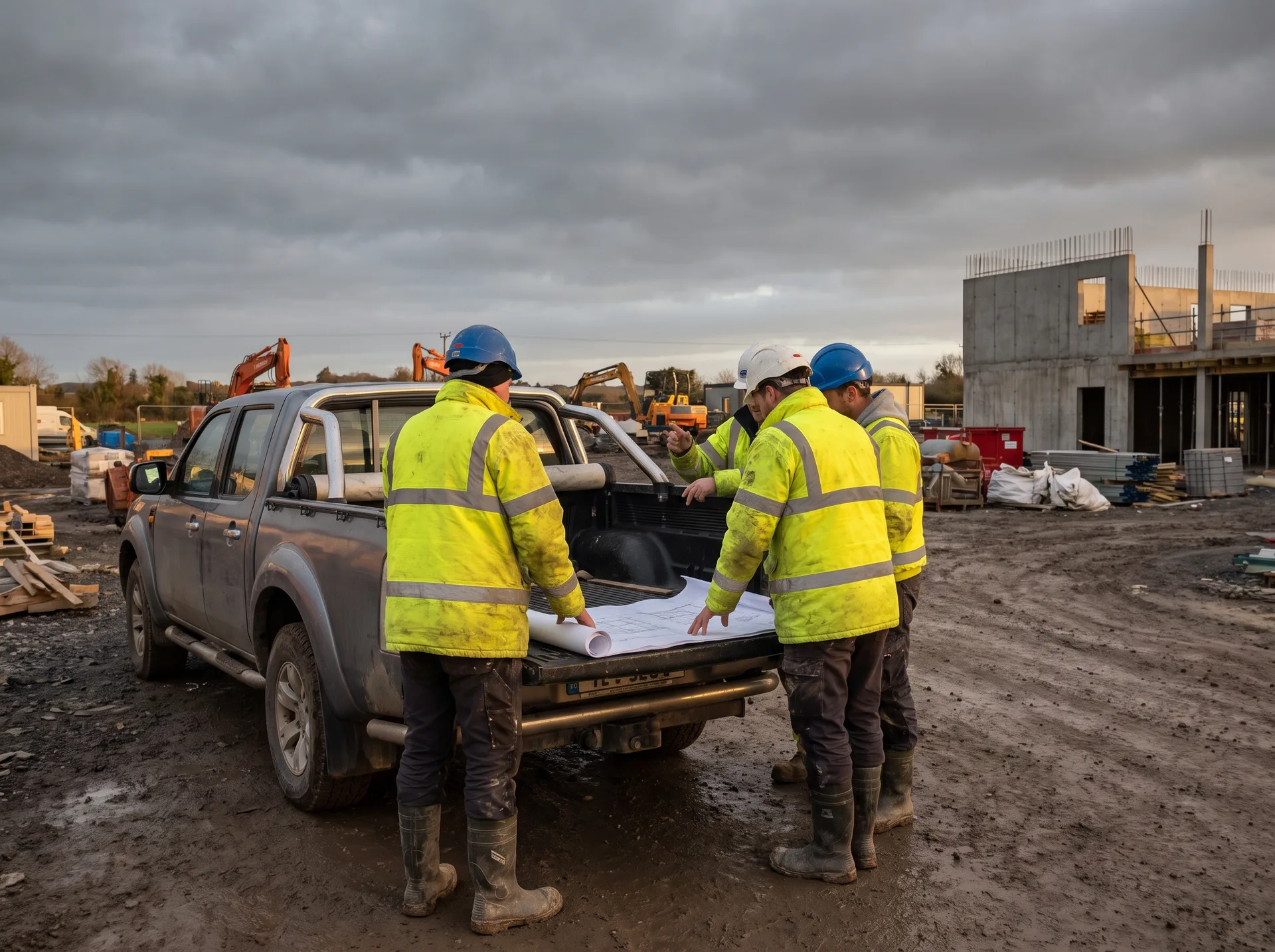 OFCON site crew in hi-vis and hard hats reviewing drawings on a building site at golden hour