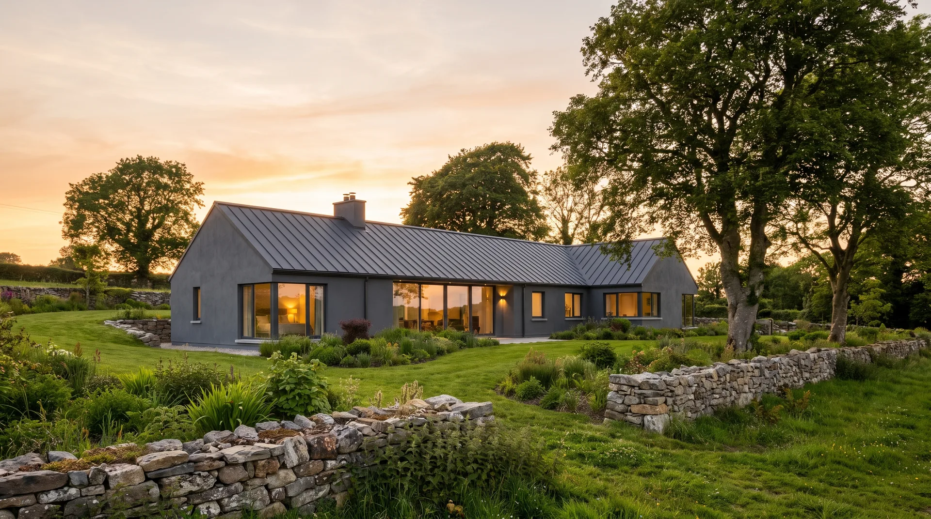 A finished modern Irish home with grey render and a dark metal roof, set in green landscaped grounds at golden hour