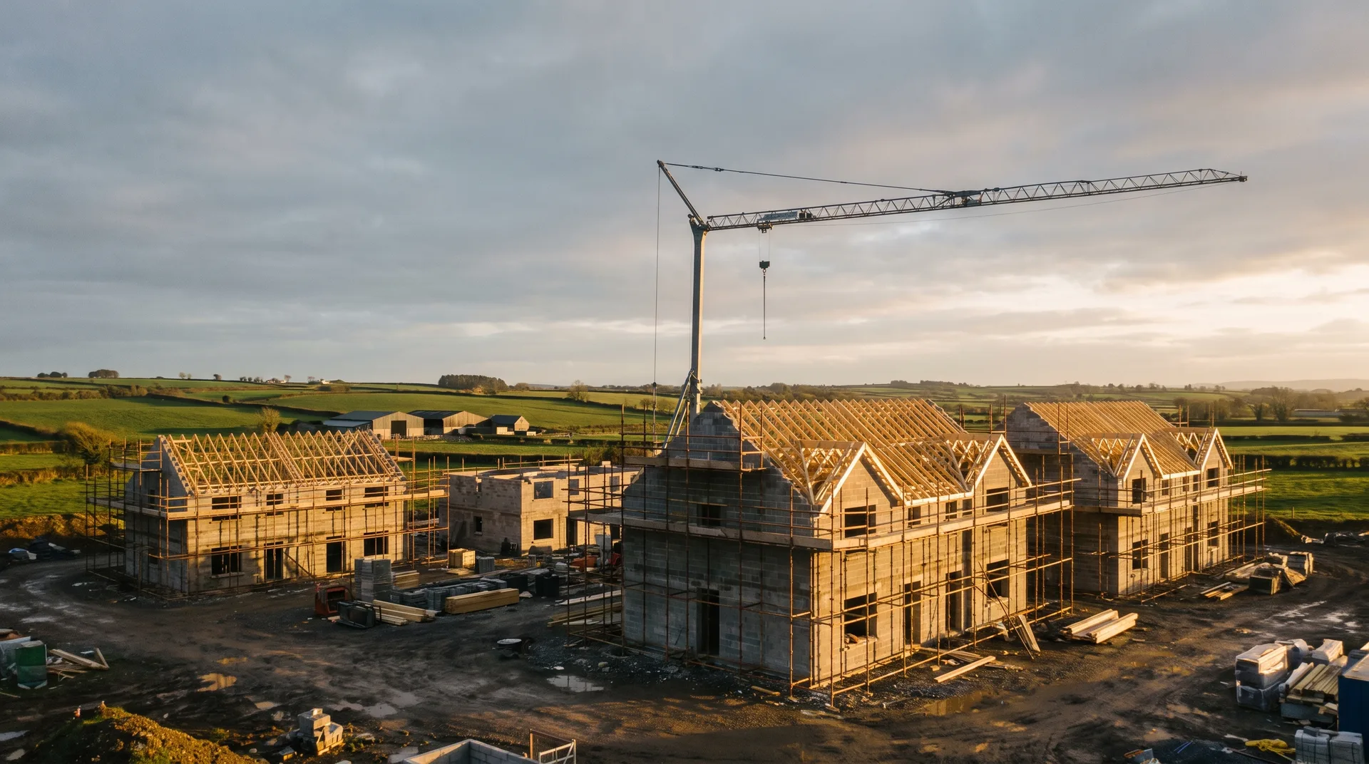 An Irish housing development under construction at golden hour, with a tower crane above the steel and blockwork frame